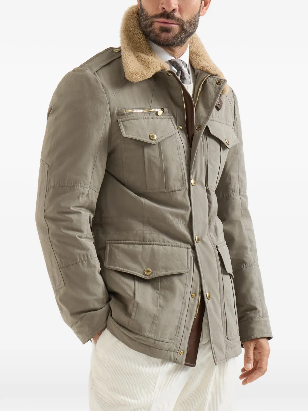 Brunello Cucinelli Gewaxt techno katoenen safari jack met Thermore vulling nappaleren inzetstukken en lammy kraag Grijs