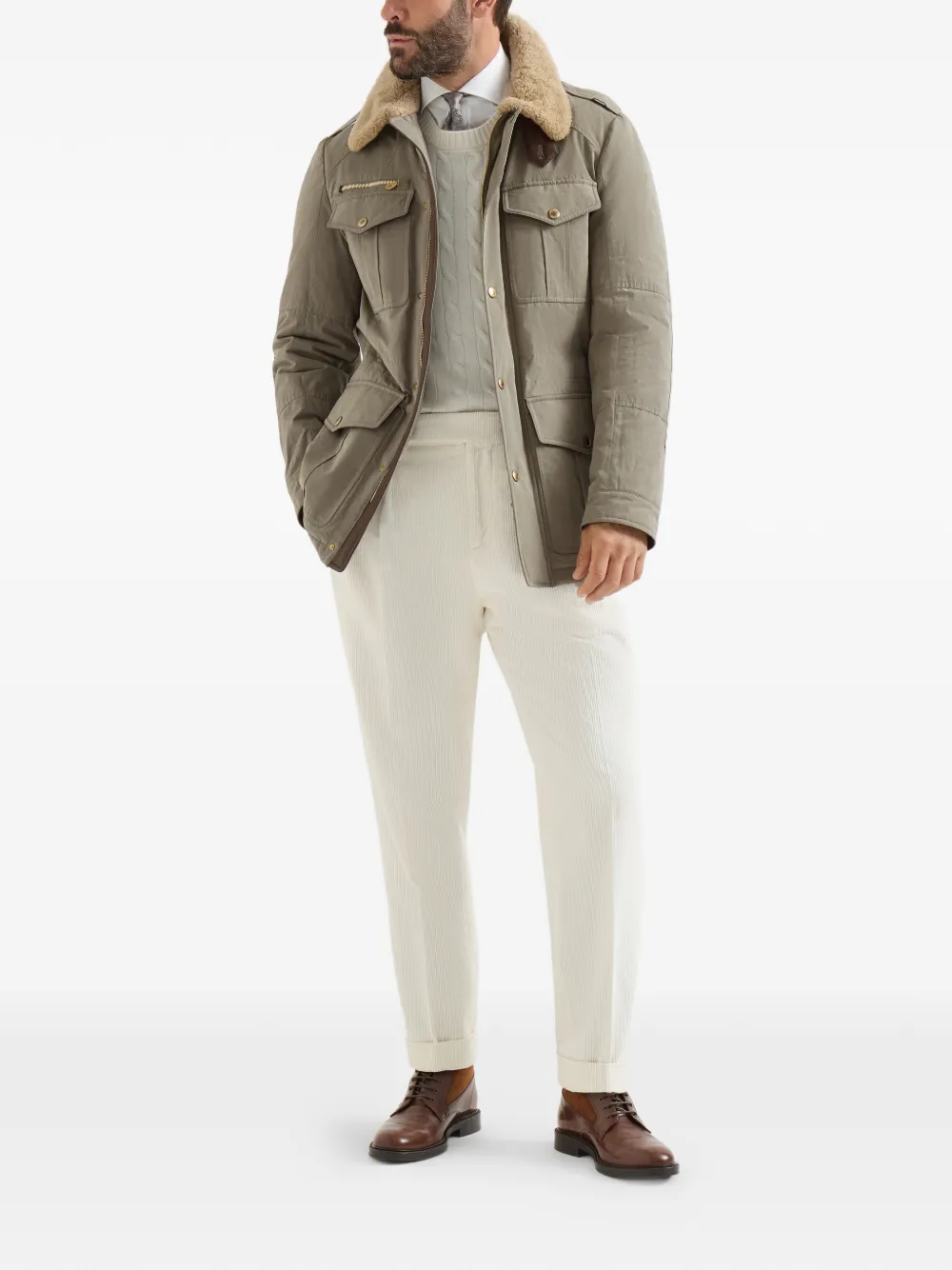 Brunello Cucinelli Gewaxt techno katoenen safari jack met Thermore vulling nappaleren inzetstukken en lammy kraag Grijs