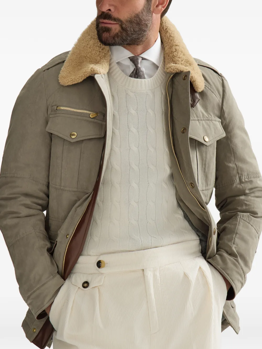 Brunello Cucinelli Gewaxt techno katoenen safari jack met Thermore vulling nappaleren inzetstukken en lammy kraag Grijs