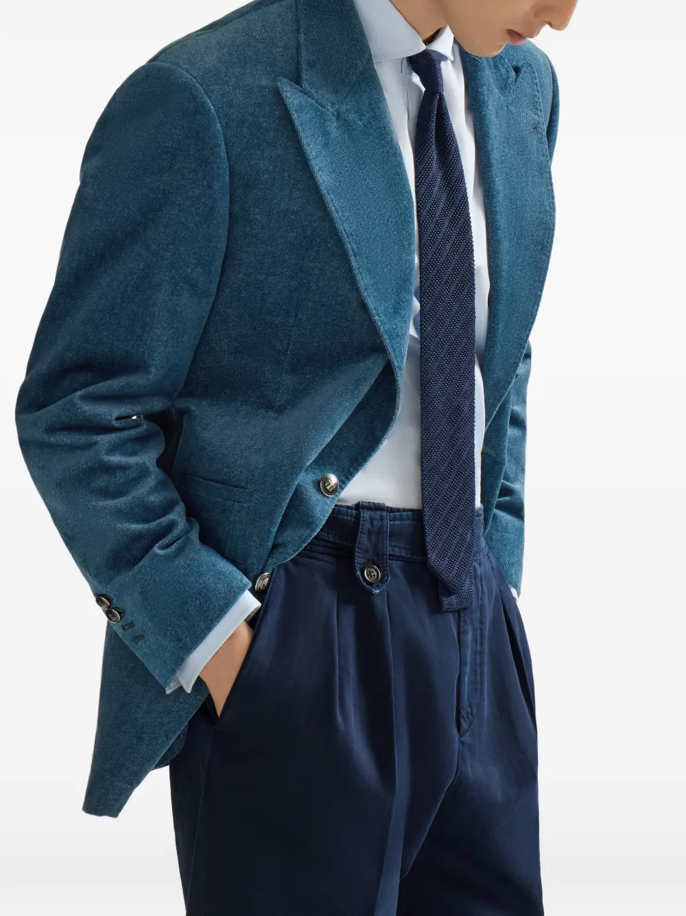 Brunello Cucinelli Katoenen fluwelen blazer met denim-effect en opstaande revers Blauw