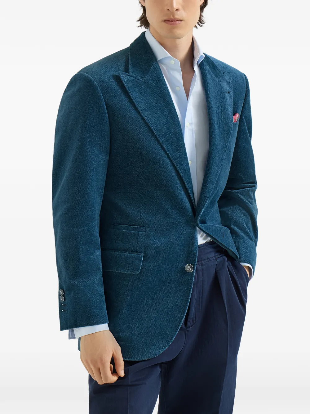 Brunello Cucinelli Katoenen fluwelen blazer met denim-effect en opstaande revers Blauw