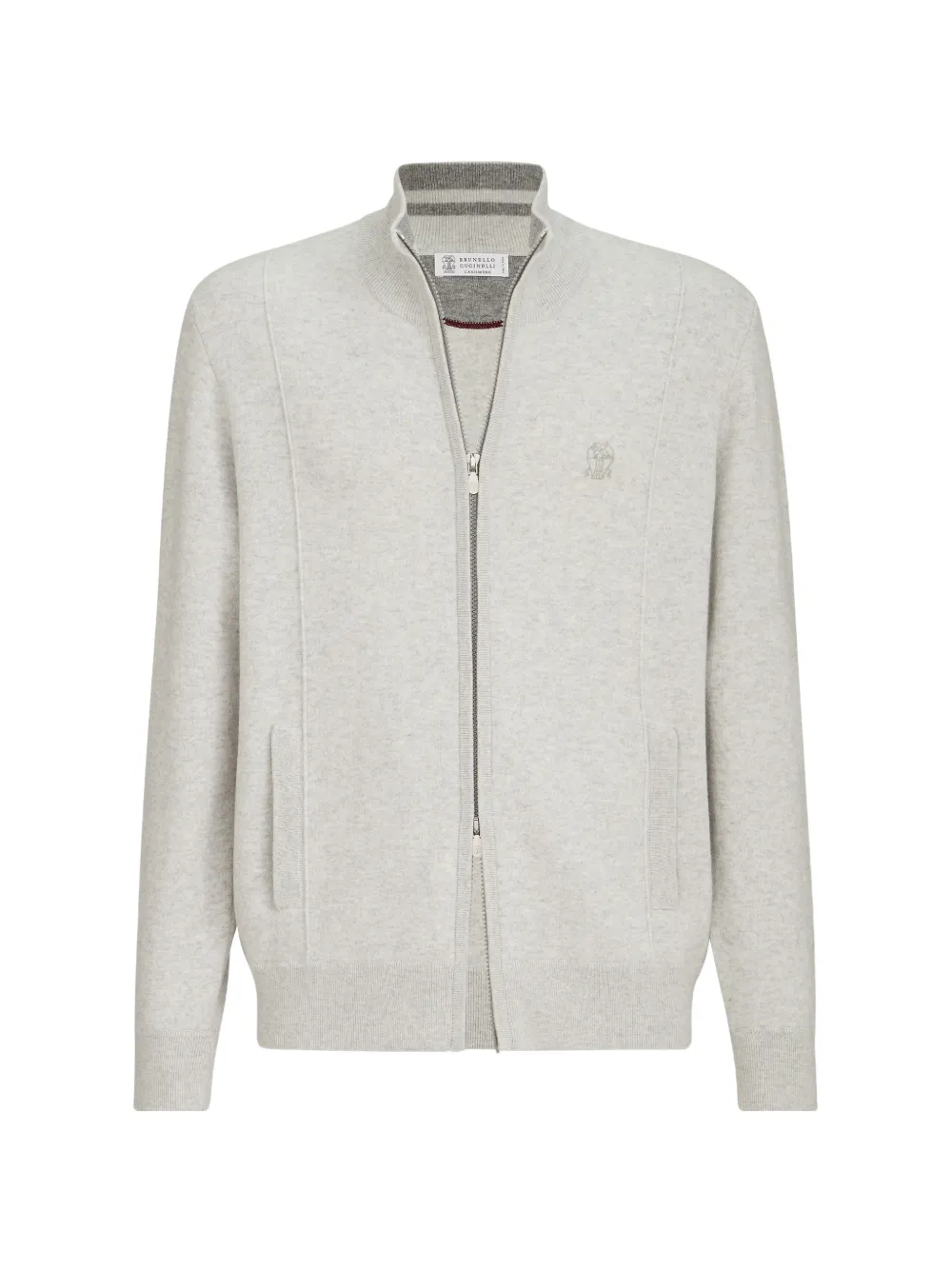 Brunello Cucinelli Cashmere Double Knit Cardigan With Zipper And Logo In Grey