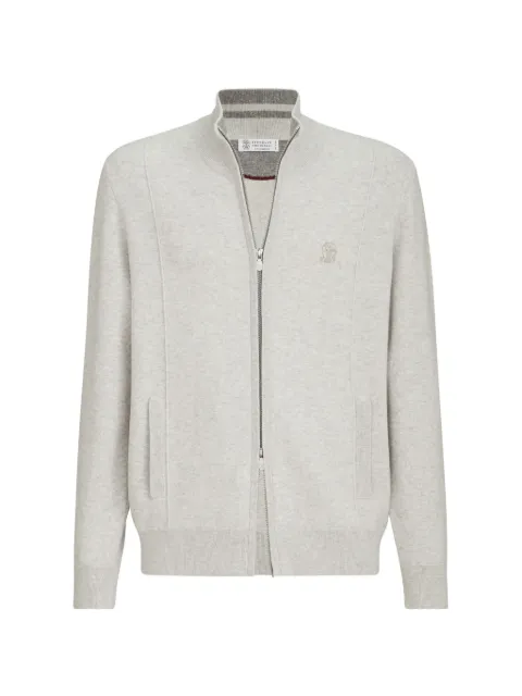 Brunello Cucinelli cashmere double knit cardigan with zipper and logo