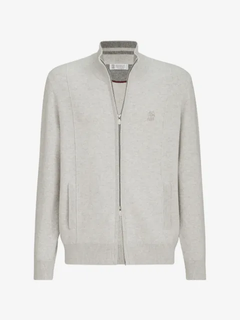 Brunello Cucinelli cashmere double knit cardigan with zipper and logo