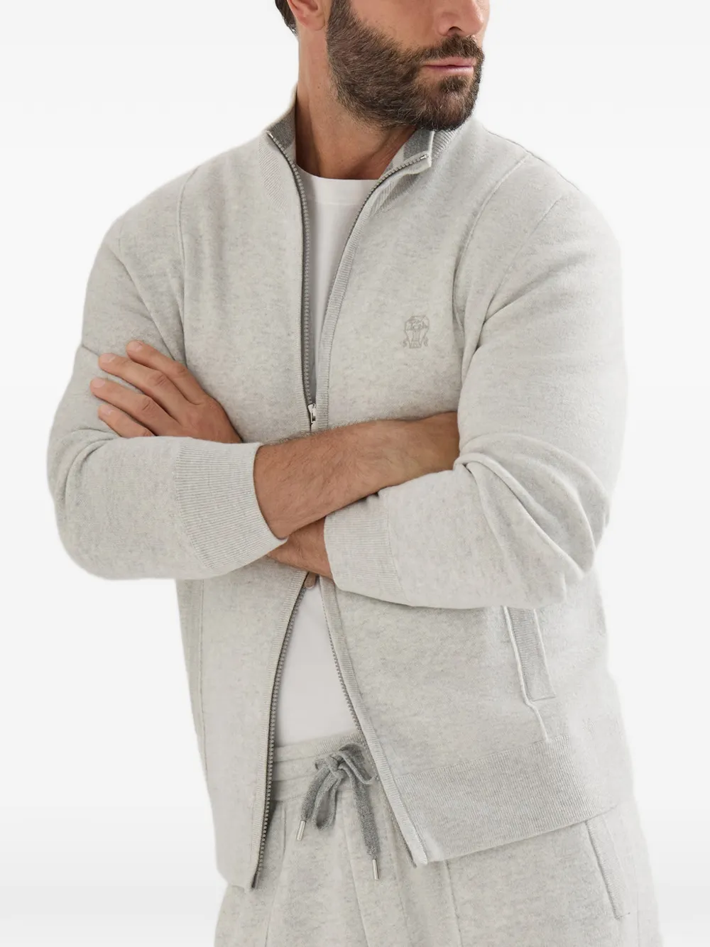 Brunello Cucinelli Kasjmier dubbelgebreid vest met rits en logo Grijs