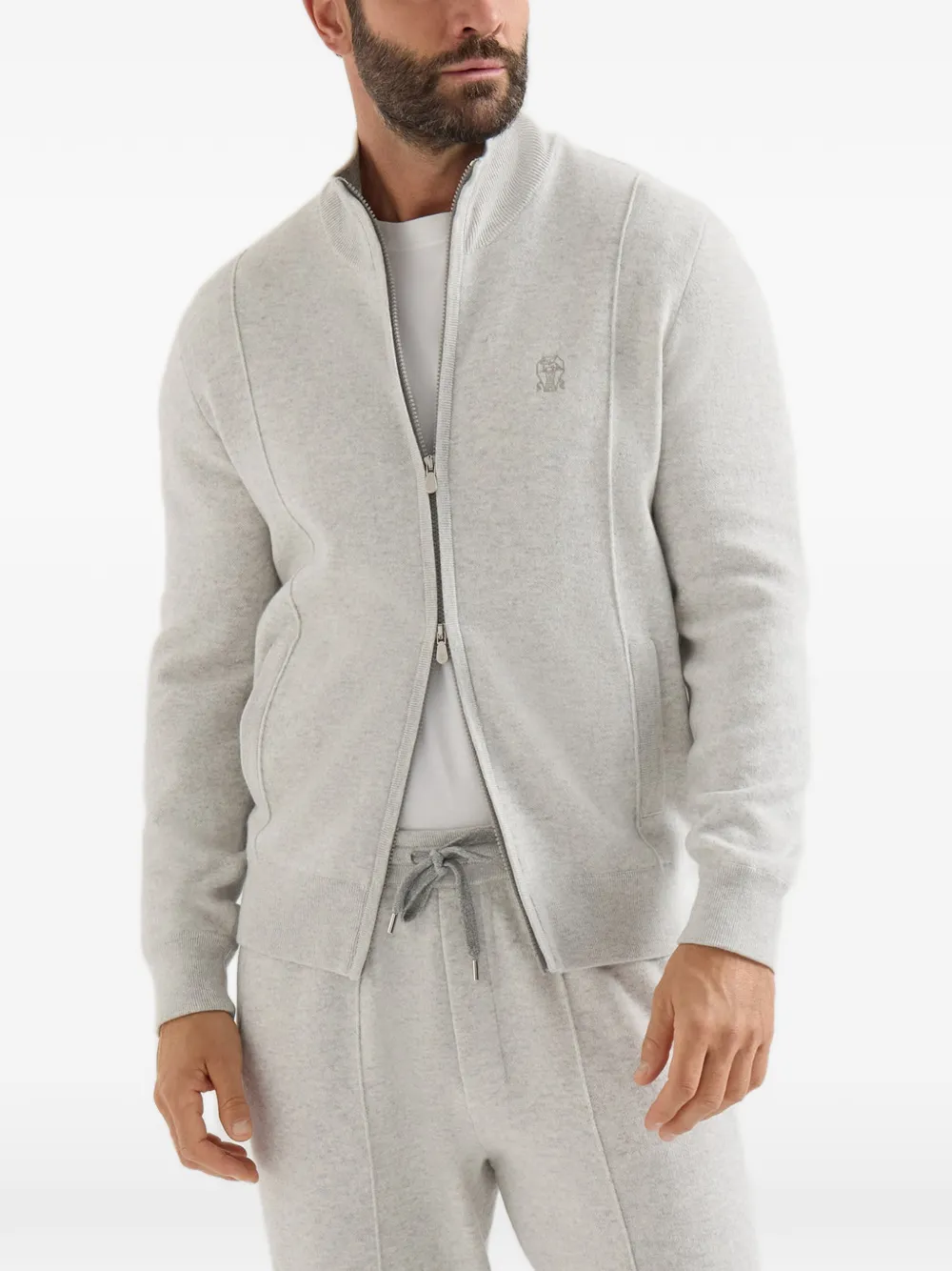 Brunello Cucinelli Kasjmier dubbelgebreid vest met rits en logo Grijs