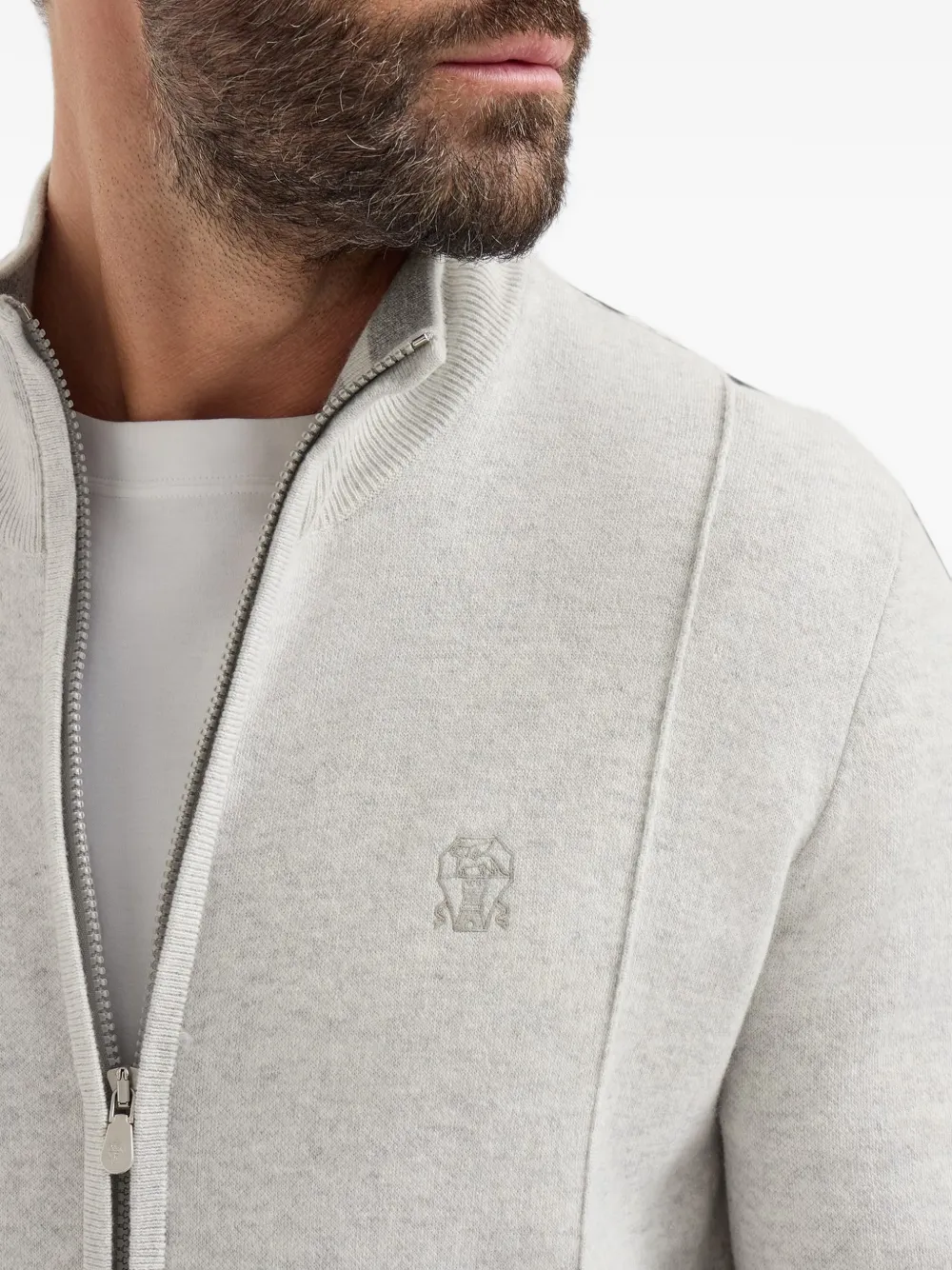 Brunello Cucinelli Kasjmier dubbelgebreid vest met rits en logo Grijs