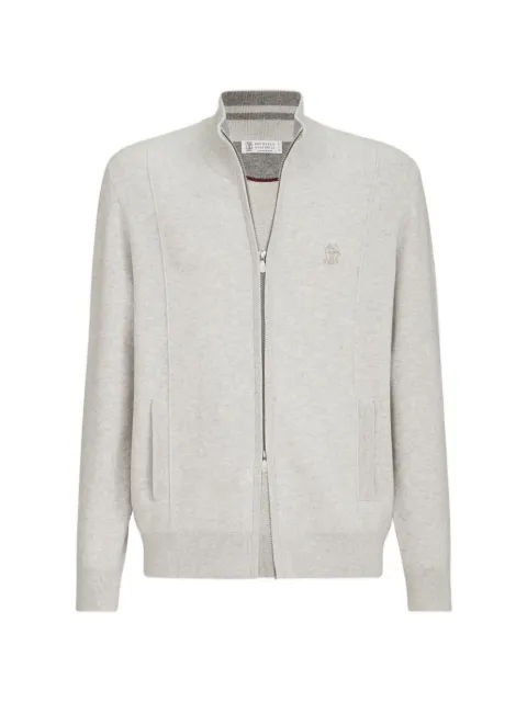 Brunello Cucinelli cashmere double knit cardigan with zipper and logo