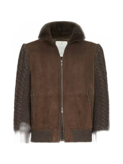 Brunello Cucinelli suede shearling and cashmere knit bomber jacket with Thermore® padding