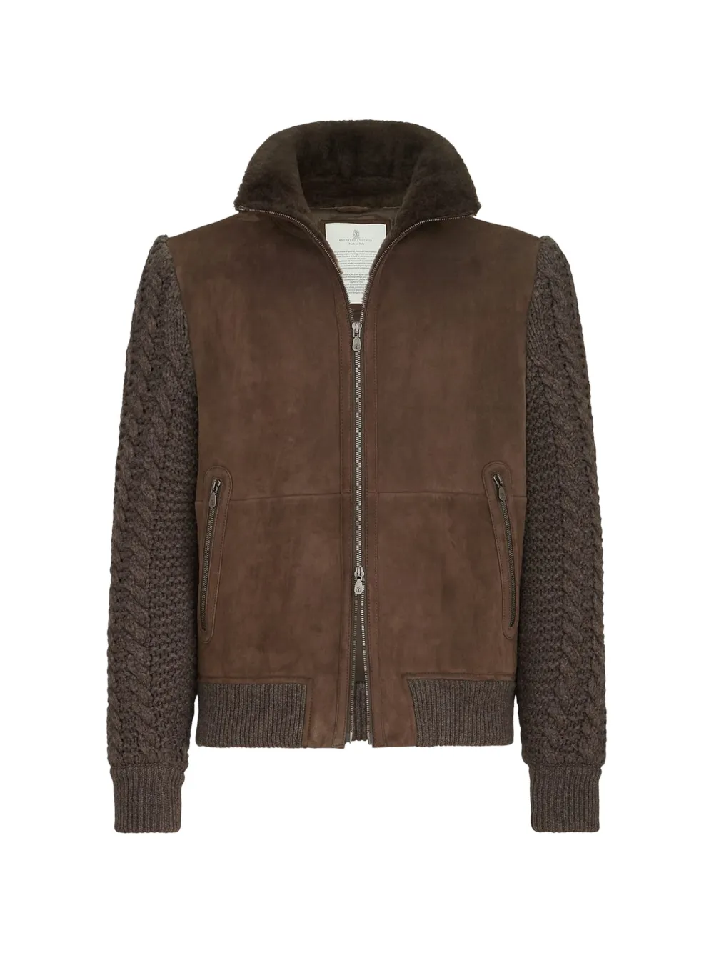 Brunello Cucinelli suede shearling and cashmere knit bomber jacket with Thermore® padding