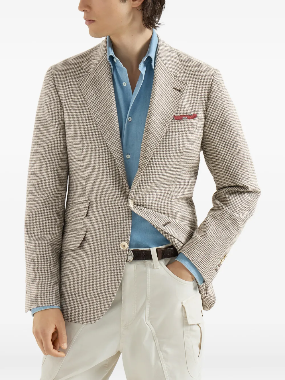 Brunello Cucinelli Cavallo gedeconstrueerde blazer met wol alpaca en zijden pied-de-poule Beige