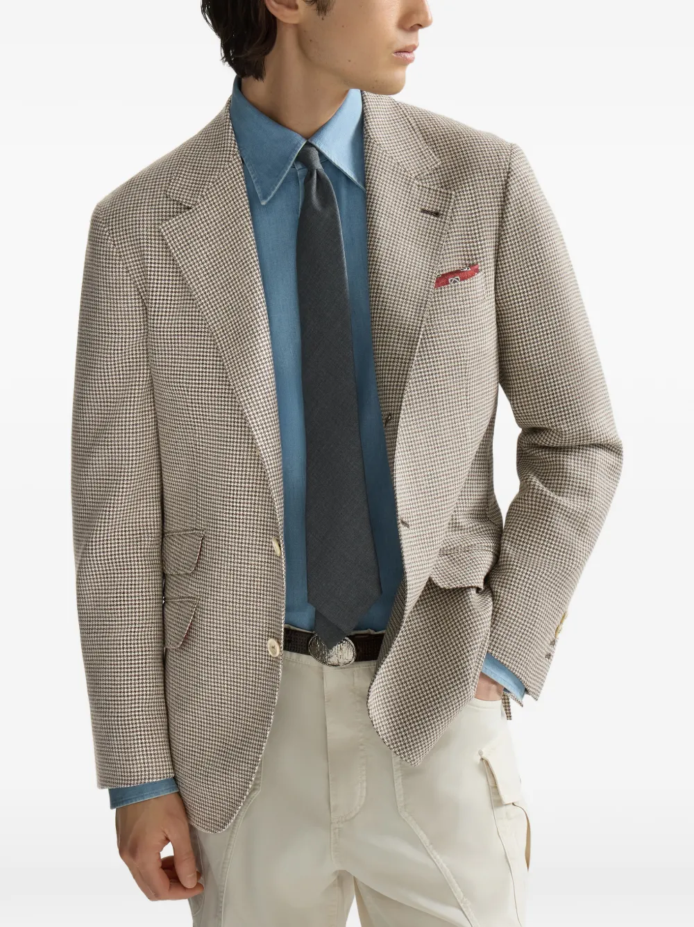 Brunello Cucinelli Cavallo gedeconstrueerde blazer met wol alpaca en zijden pied-de-poule Beige