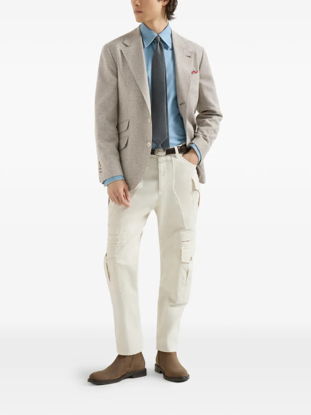 Brunello Cucinelli Cavallo gedeconstrueerde blazer met wol alpaca en zijden pied-de-poule Beige