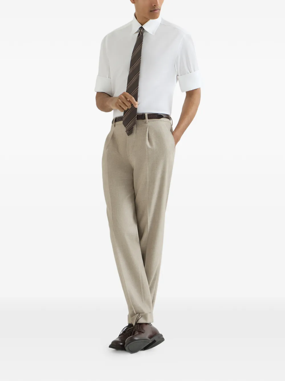 Brunello Cucinelli Mouliné-twill en scheerwollen plooibroek Beige