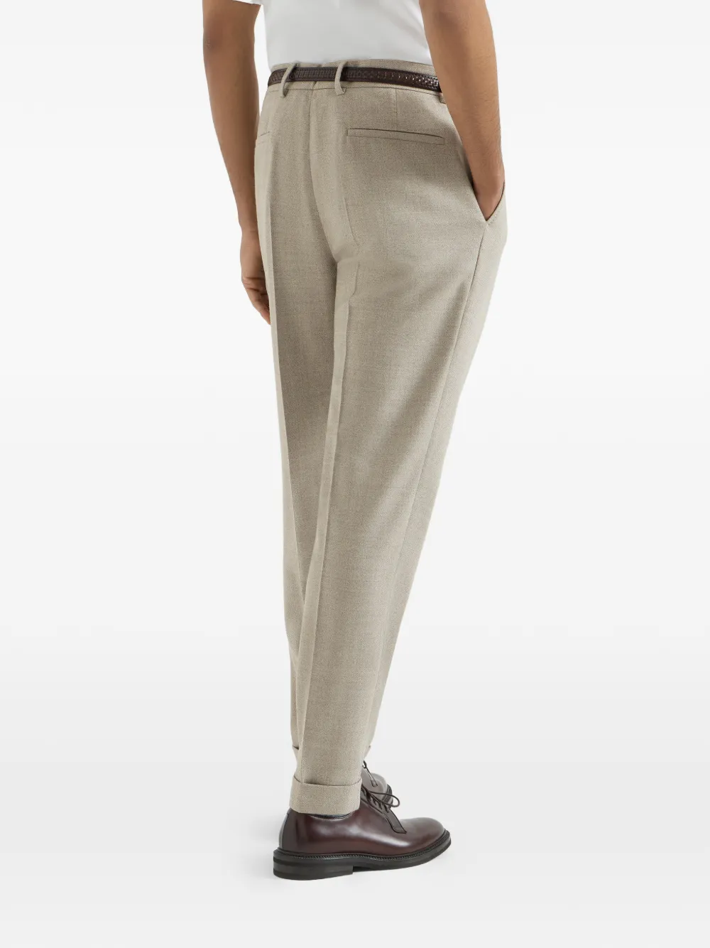 Brunello Cucinelli Mouliné-twill en scheerwollen plooibroek Beige