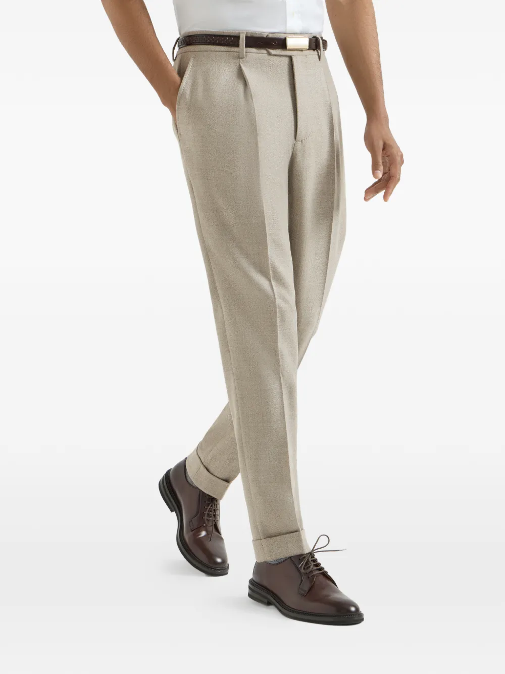 Brunello Cucinelli Mouliné-twill en scheerwollen plooibroek Beige