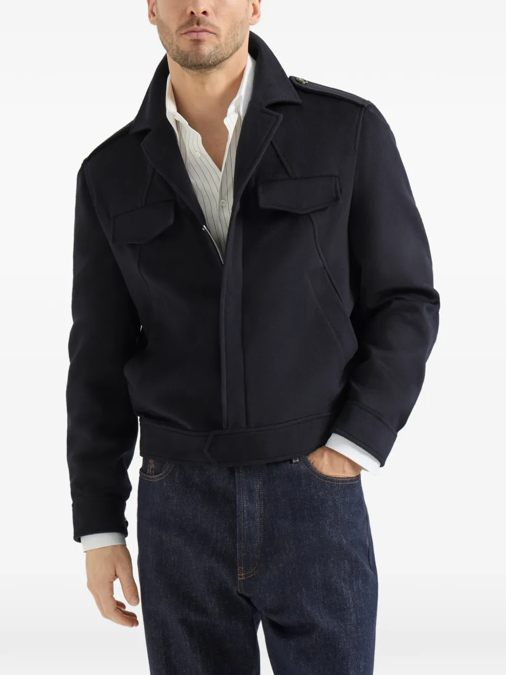 Brunello Cucinelli Lichtgewicht jack van scheerwol met borstzakken Blauw