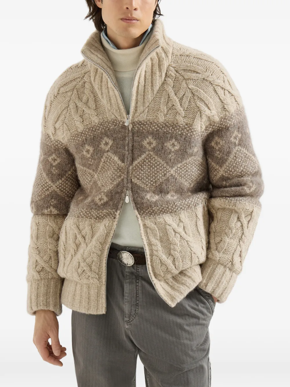 Brunello Cucinelli Kabelgebreid intarsia donsjack Beige