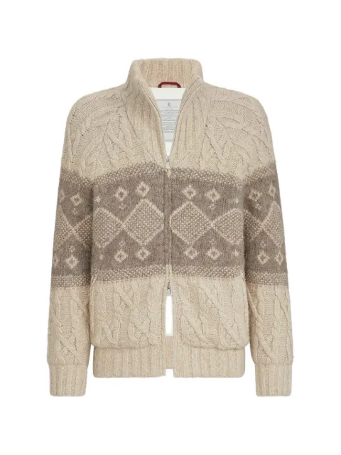 Brunello Cucinelli virgin wool, silk and cashmere chiné cable knit down jacket with intarsia