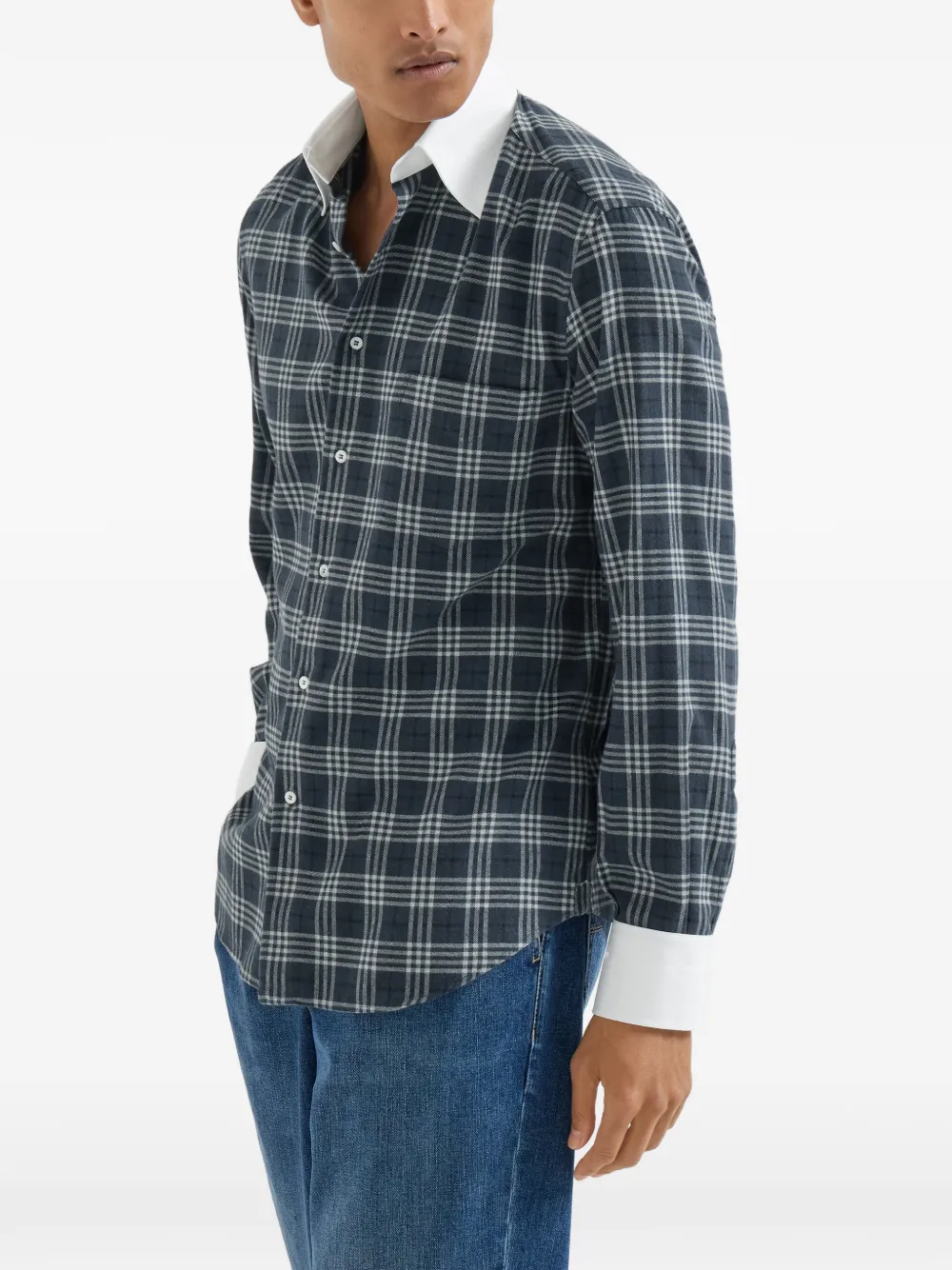 Brunello Cucinelli Flanellen overhemd met contrasterende kraag en manchetten Blauw