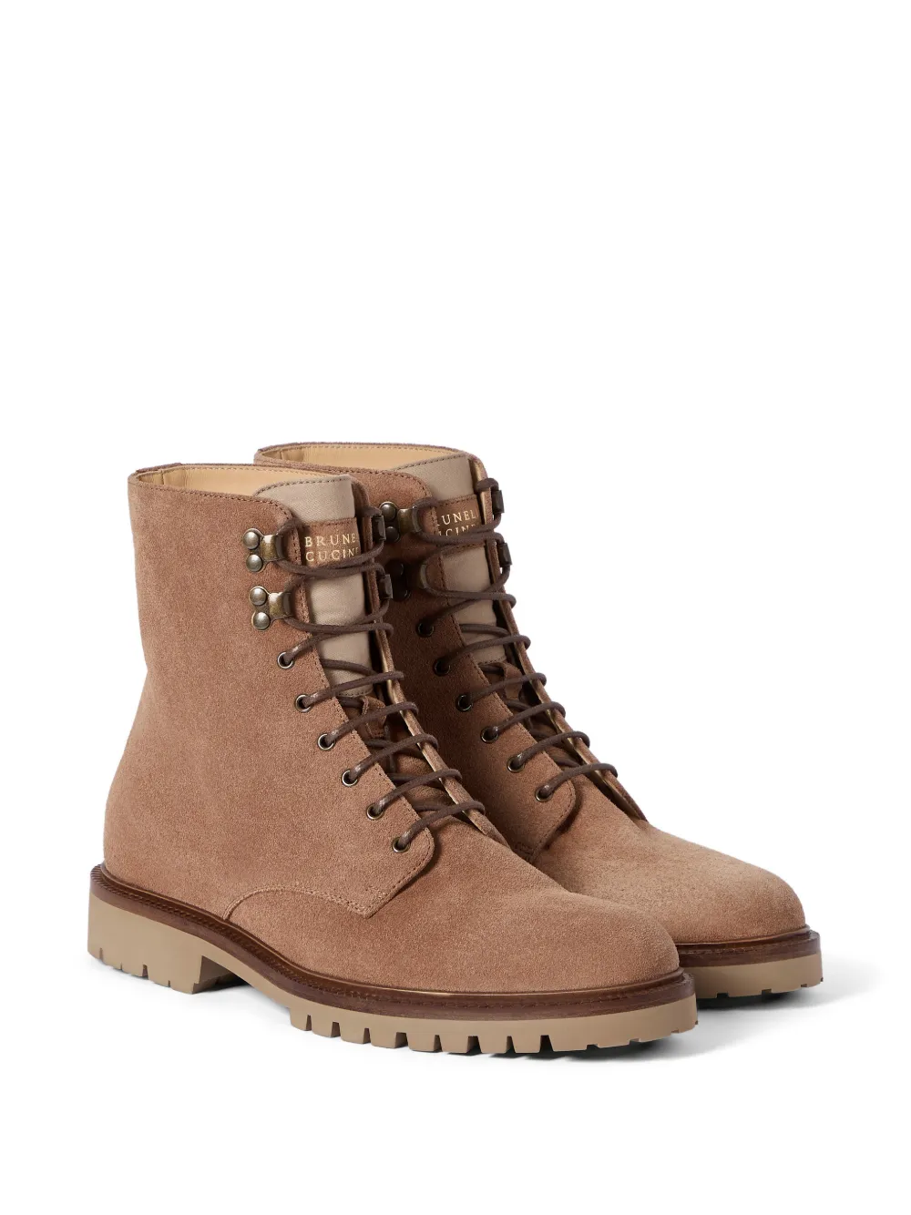 Brunello Cucinelli Suède enkellaarzen met veters Beige