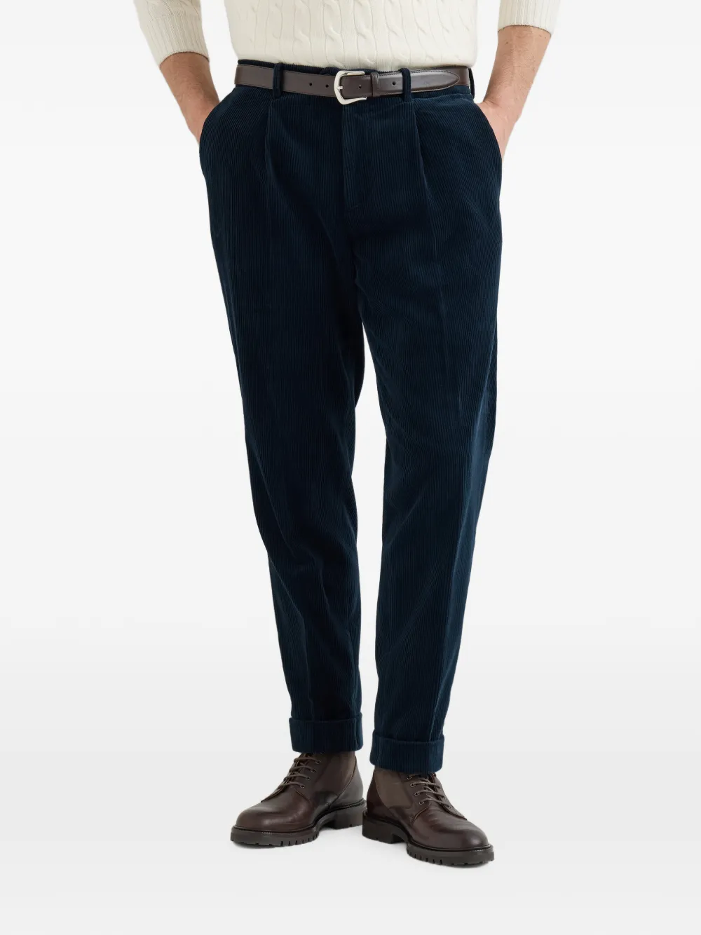 Brunello Cucinelli Katoenen ribfluwelen broek met plooi en stukgeverfde afwerking Blauw