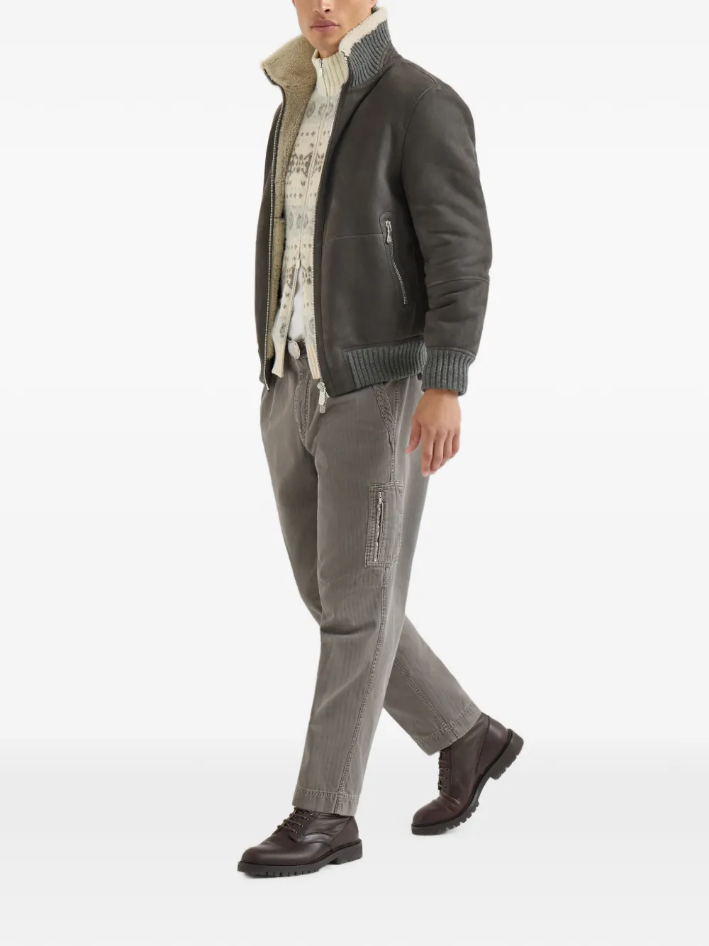 Brunello Cucinelli Katoenen broek met chevron-streep en ritszak Grijs