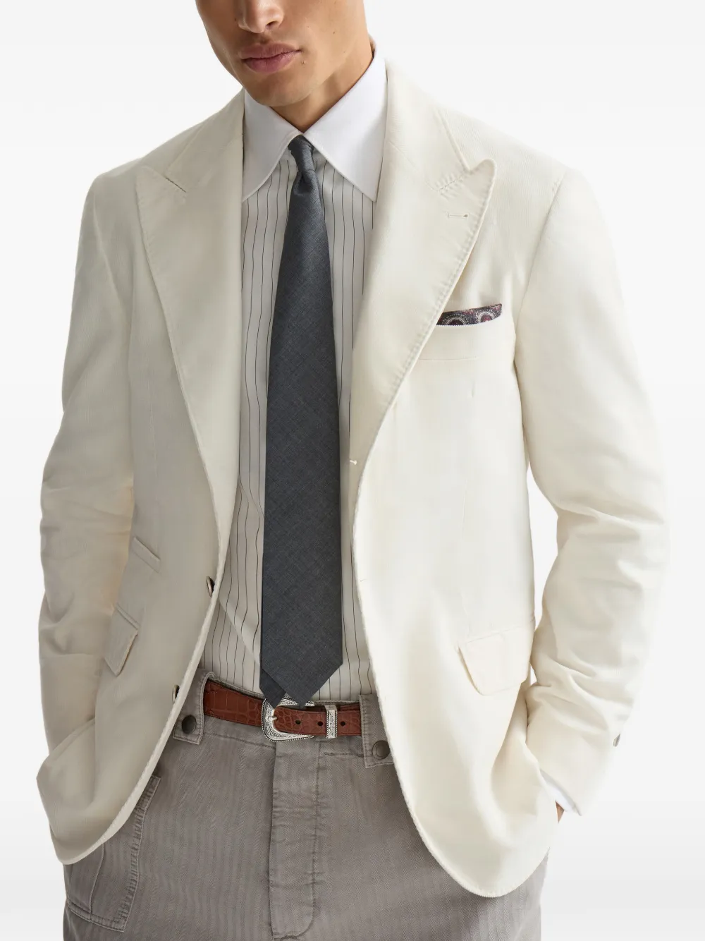  Brunello Cucinelli Blazer étroit En Coton Côtelé Corduroy De Sea Island Avec De Grands Revers De Crête Et Des Boutons En Métal - Tons Neutres 
