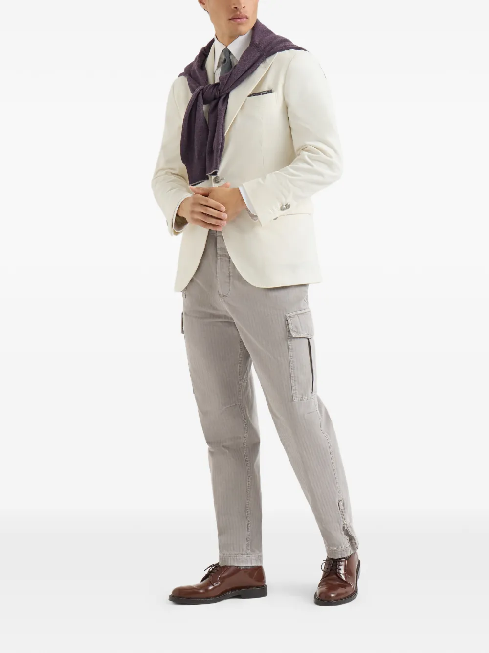 Brunello Cucinelli Blazer étroit En Coton Côtelé Corduroy De Sea Island Avec De Grands Revers De Crête Et Des Boutons En Métal - Tons Neutres 
