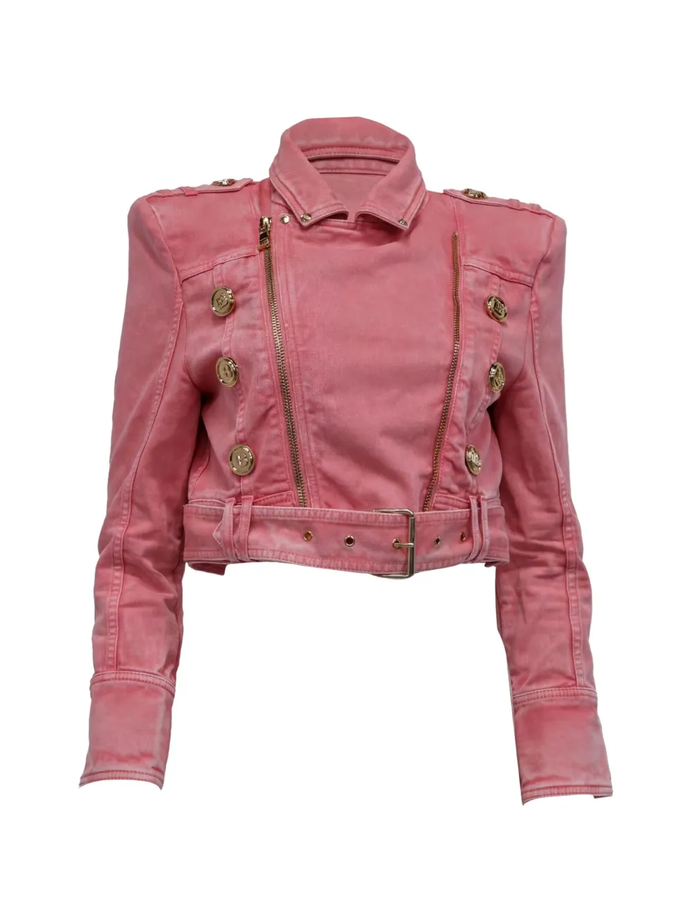 Pre-owned Balmain Belted Cropped Denim Jacket In Pink