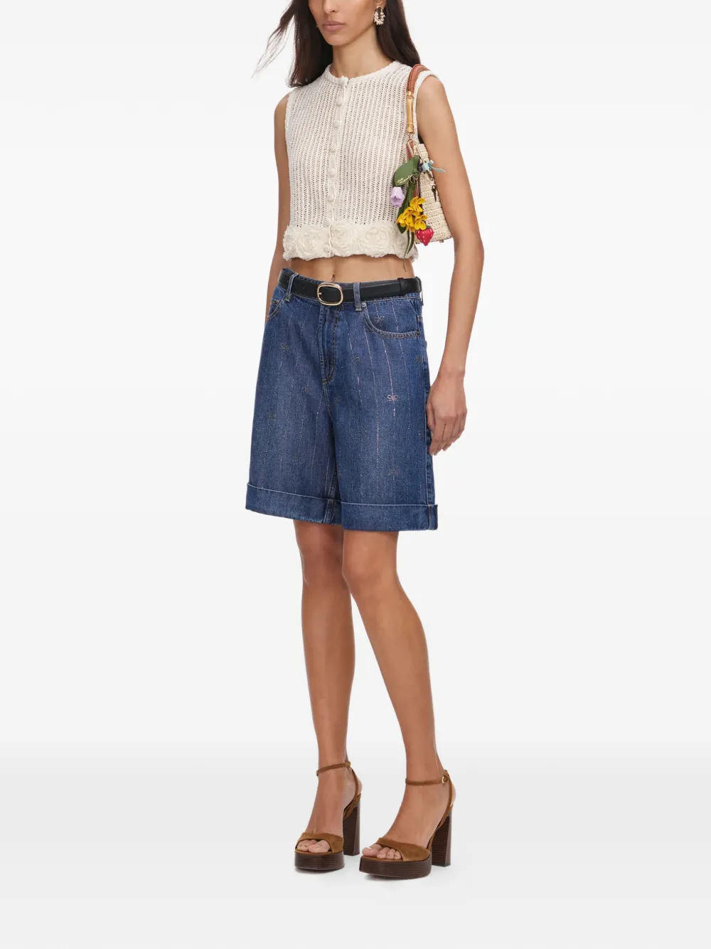 Self-Portrait Gehaakte top met bloemapplicatie Beige