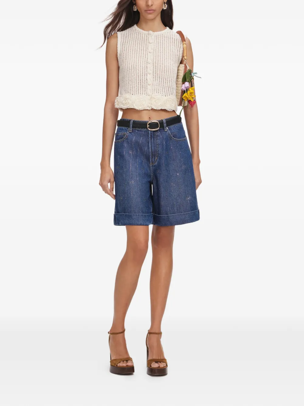 Self-Portrait Gehaakte top met bloemapplicatie Beige