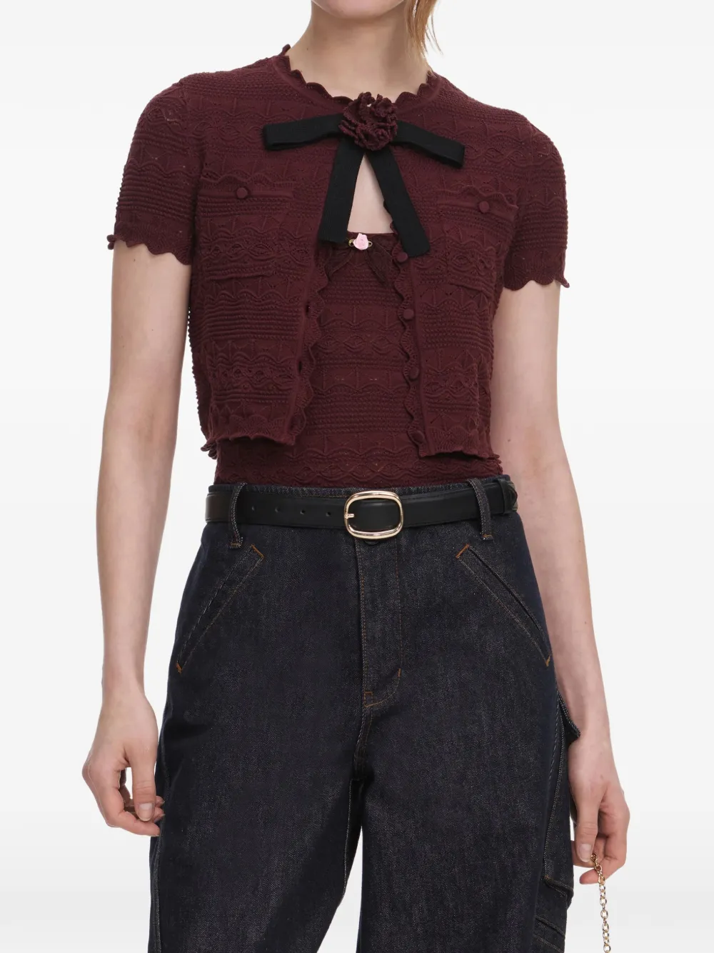Self-Portrait bow-detail pointelle-knit cardigan - Marrone