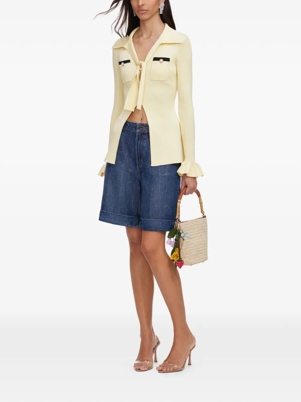Self-Portrait Geribbelde blouse verfraaid met parels Geel