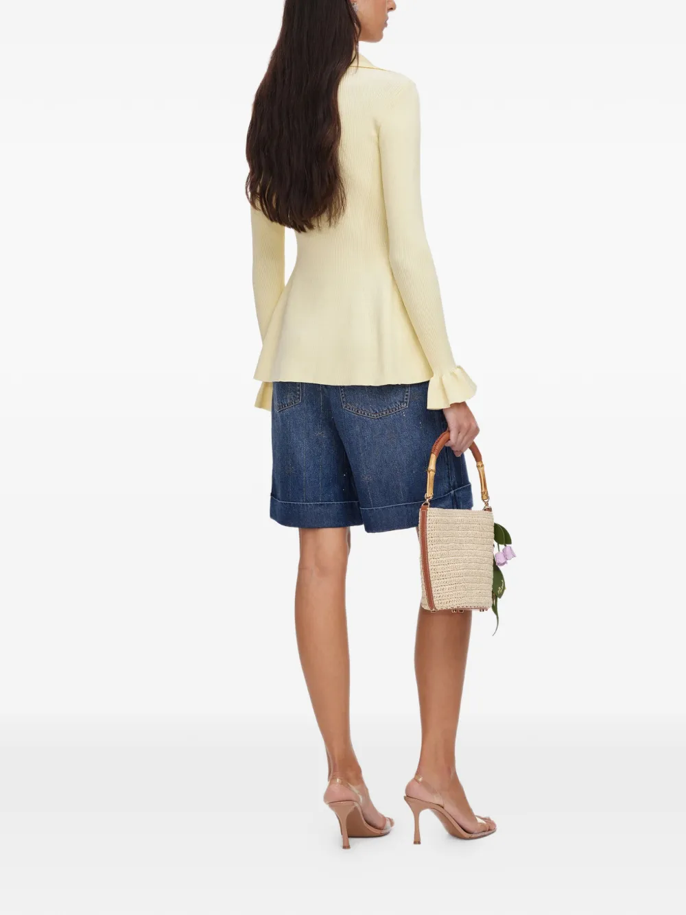 Self-Portrait Geribbelde blouse verfraaid met parels Geel