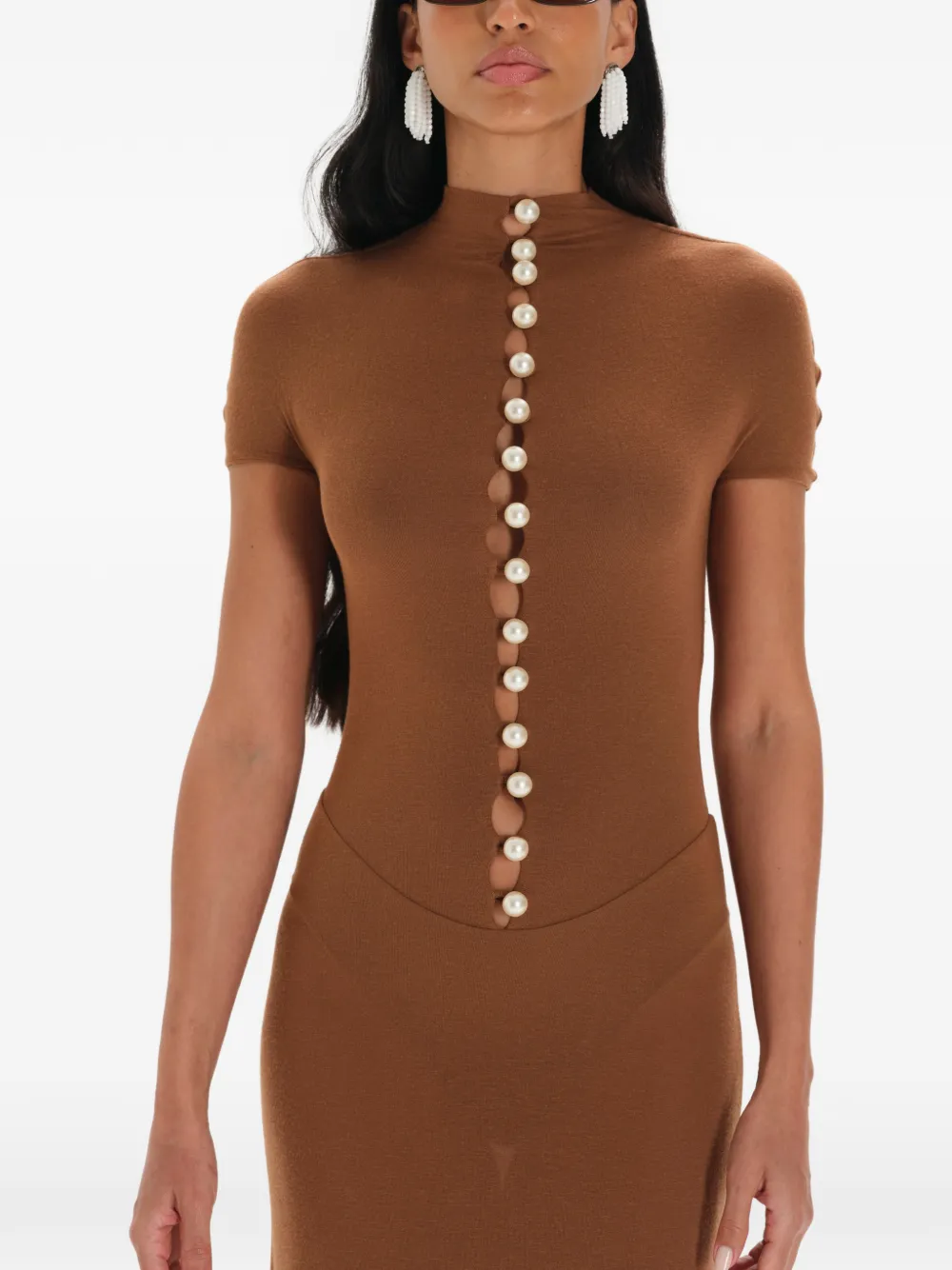 MANURÍ Mia verfraaide maxi-jurk met uitgesneden details Bruin