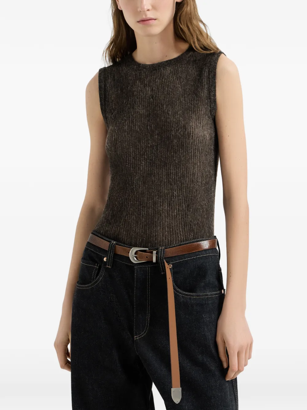 Brunello Cucinelli Sprankelende zijden alpaca en wollen ribgebreide top Bruin