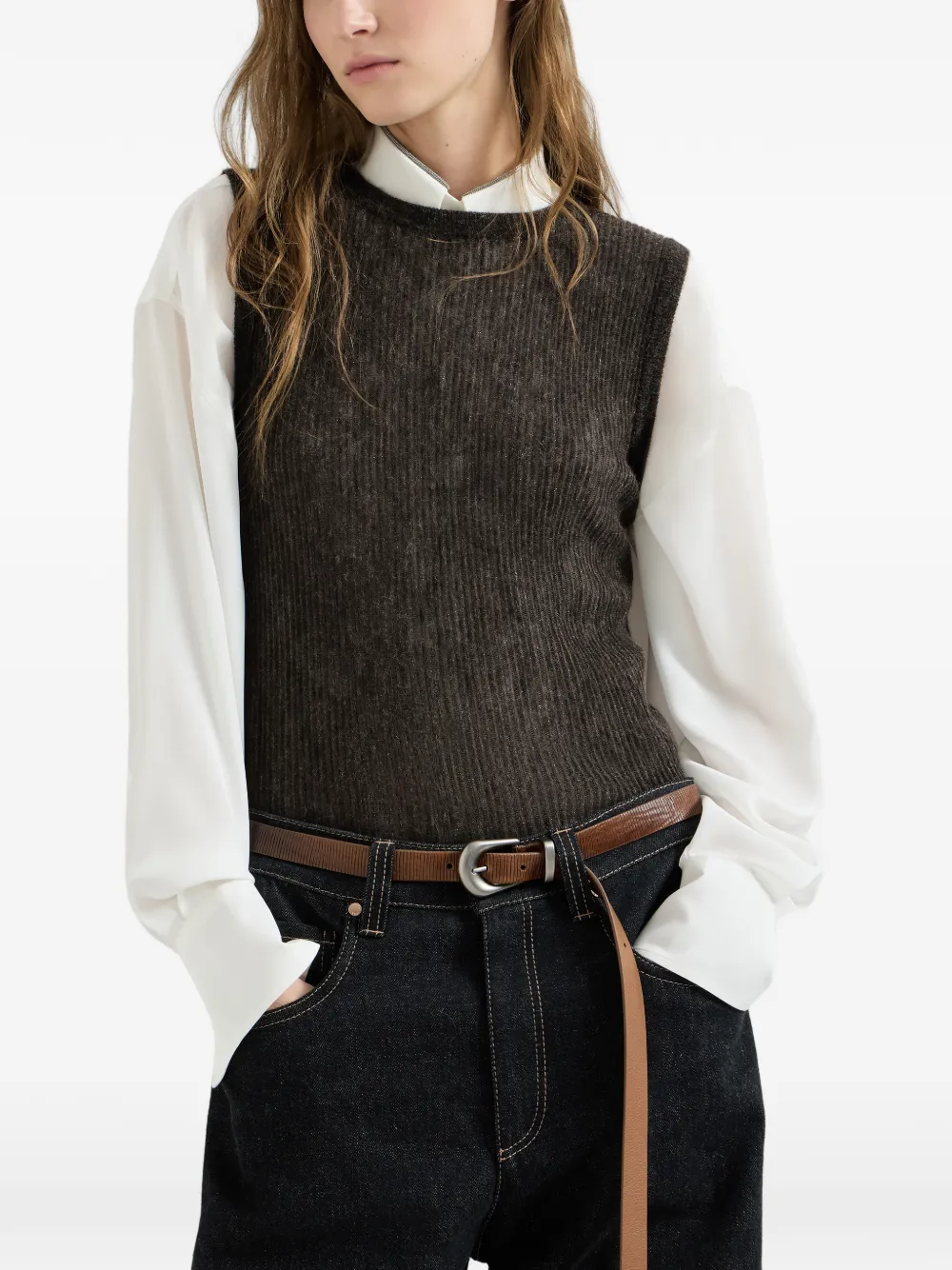 Brunello Cucinelli Sprankelende zijden alpaca en wollen ribgebreide top Bruin
