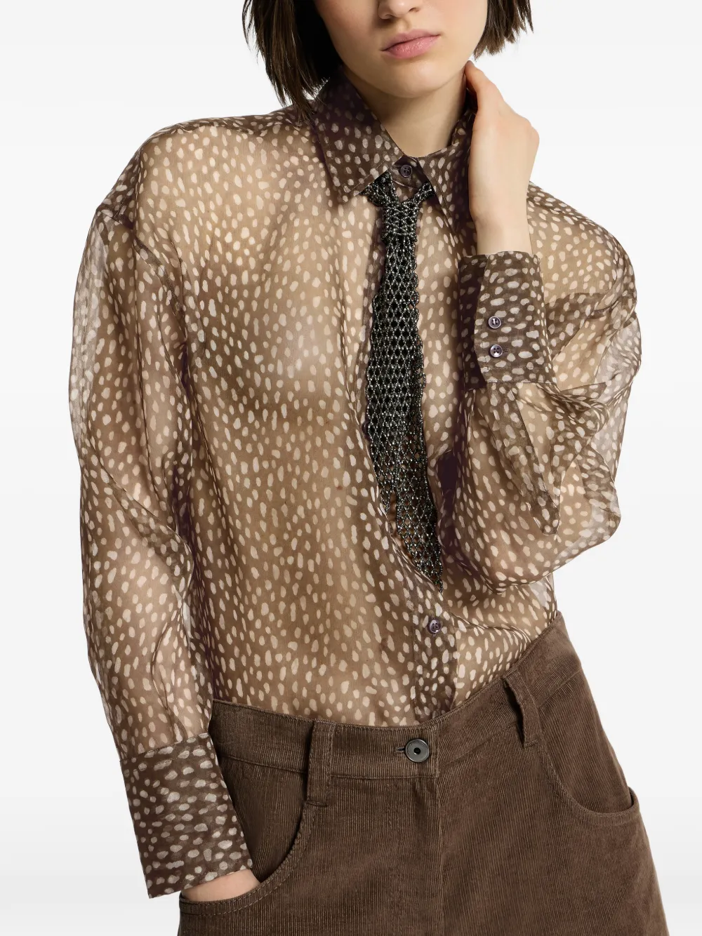 Brunello Cucinelli Blouse met stippen en vlinderstrik Bruin