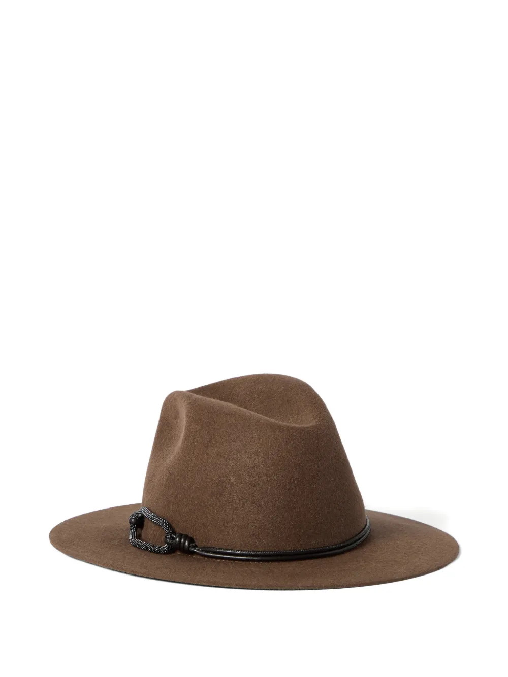 Brunello Cucinelli Vilten fedora hoed met leren en monili band Bruin