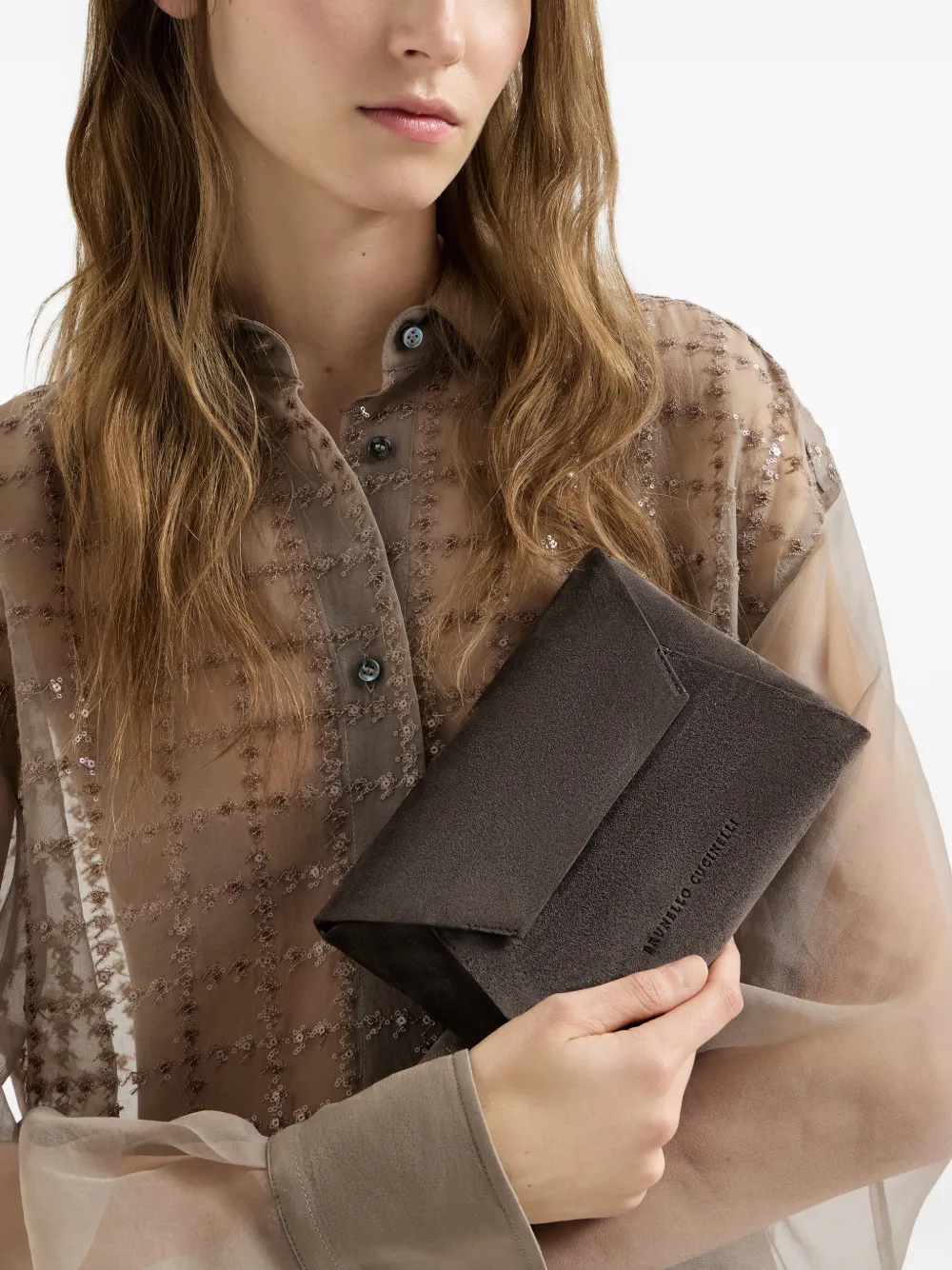 Brunello Cucinelli Duo suède pochette met ketting Bruin