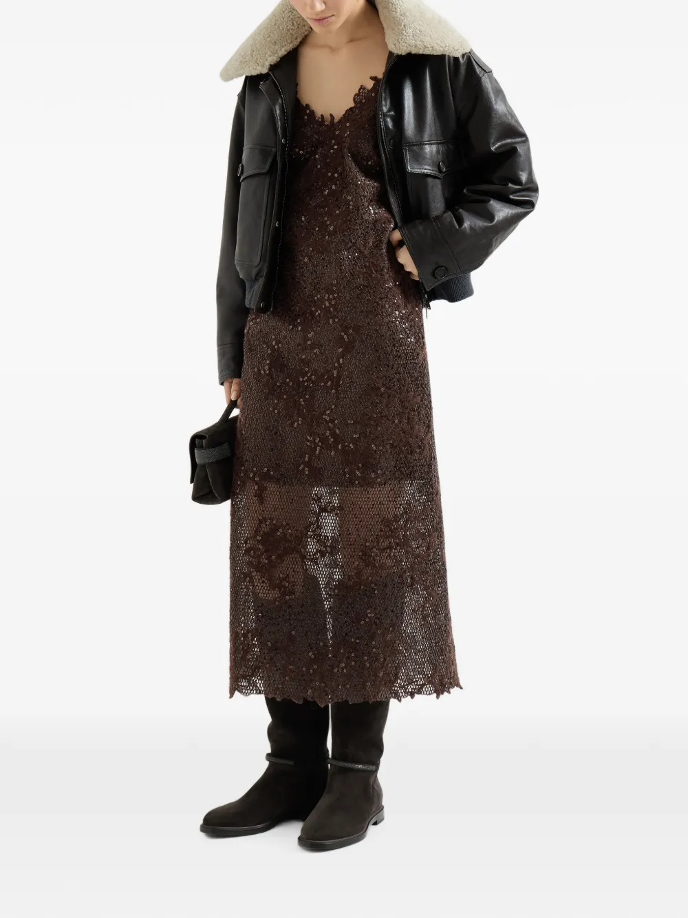 Brunello Cucinelli Dazzling jurk van mohair-wol en geborduurd kant Bruin