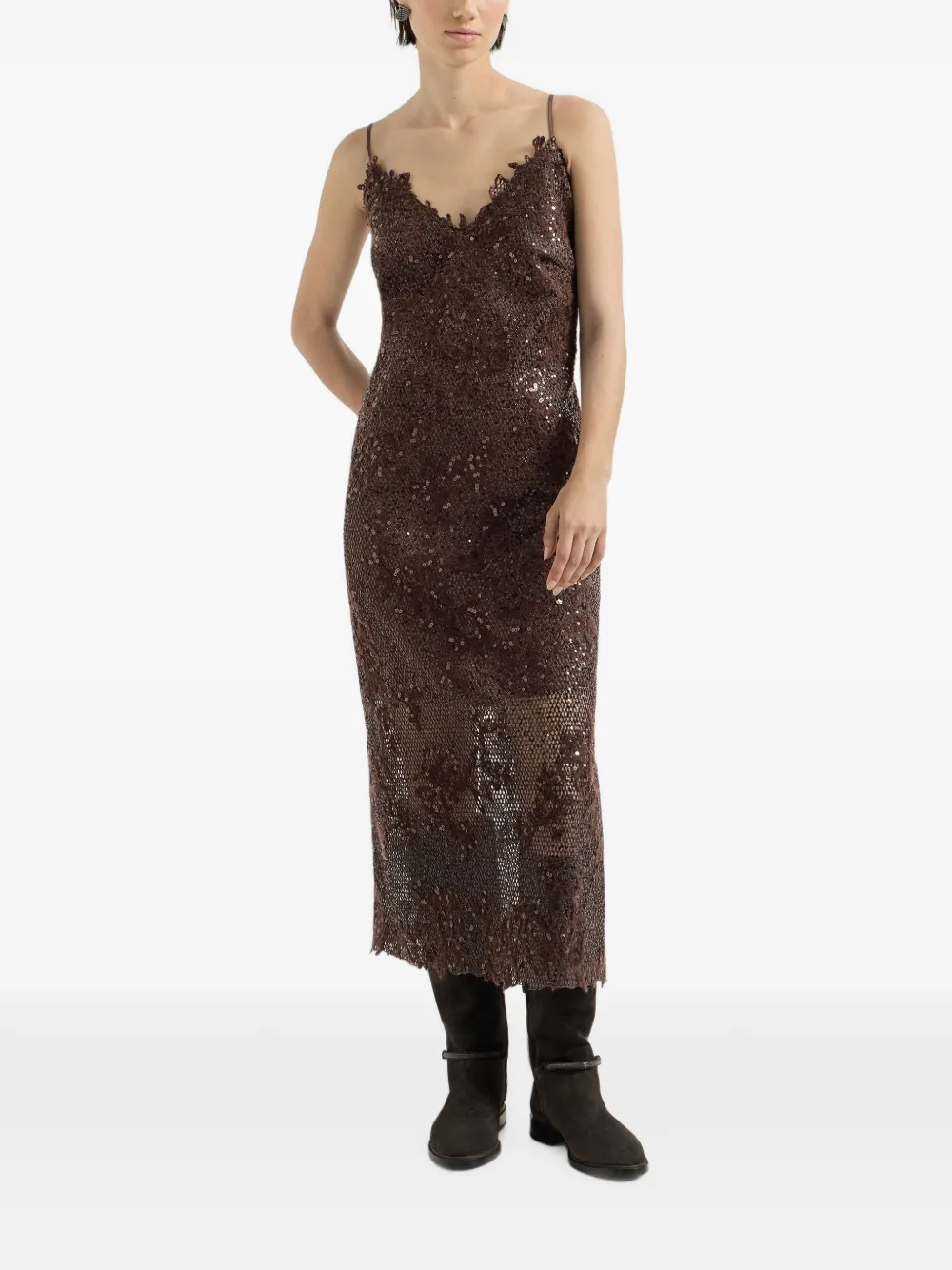 Brunello Cucinelli Dazzling jurk van mohair-wol en geborduurd kant Bruin