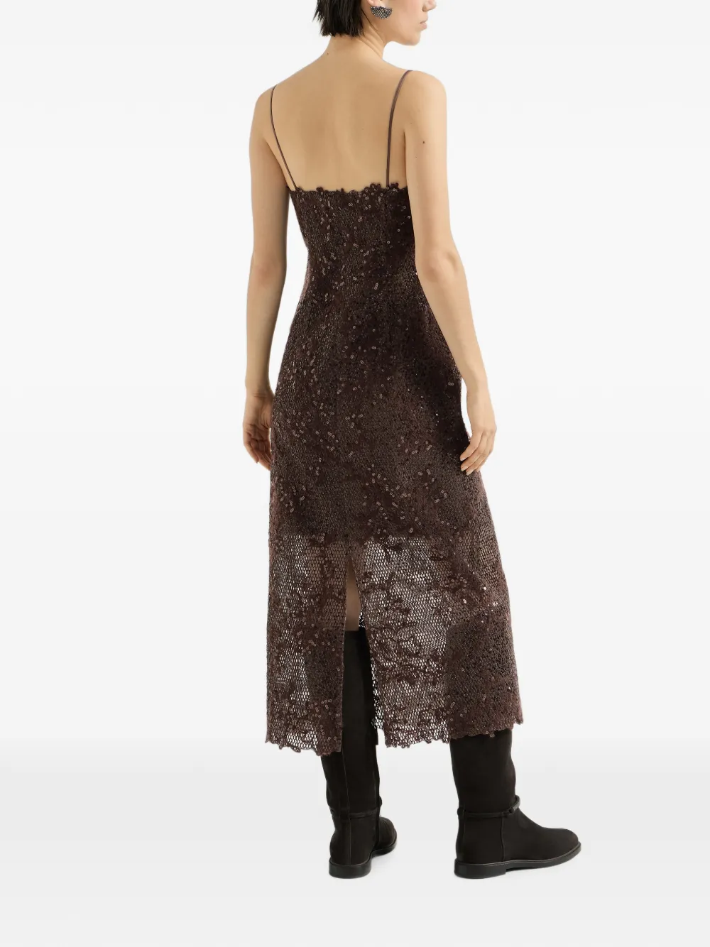 Brunello Cucinelli Dazzling jurk van mohair-wol en geborduurd kant Bruin