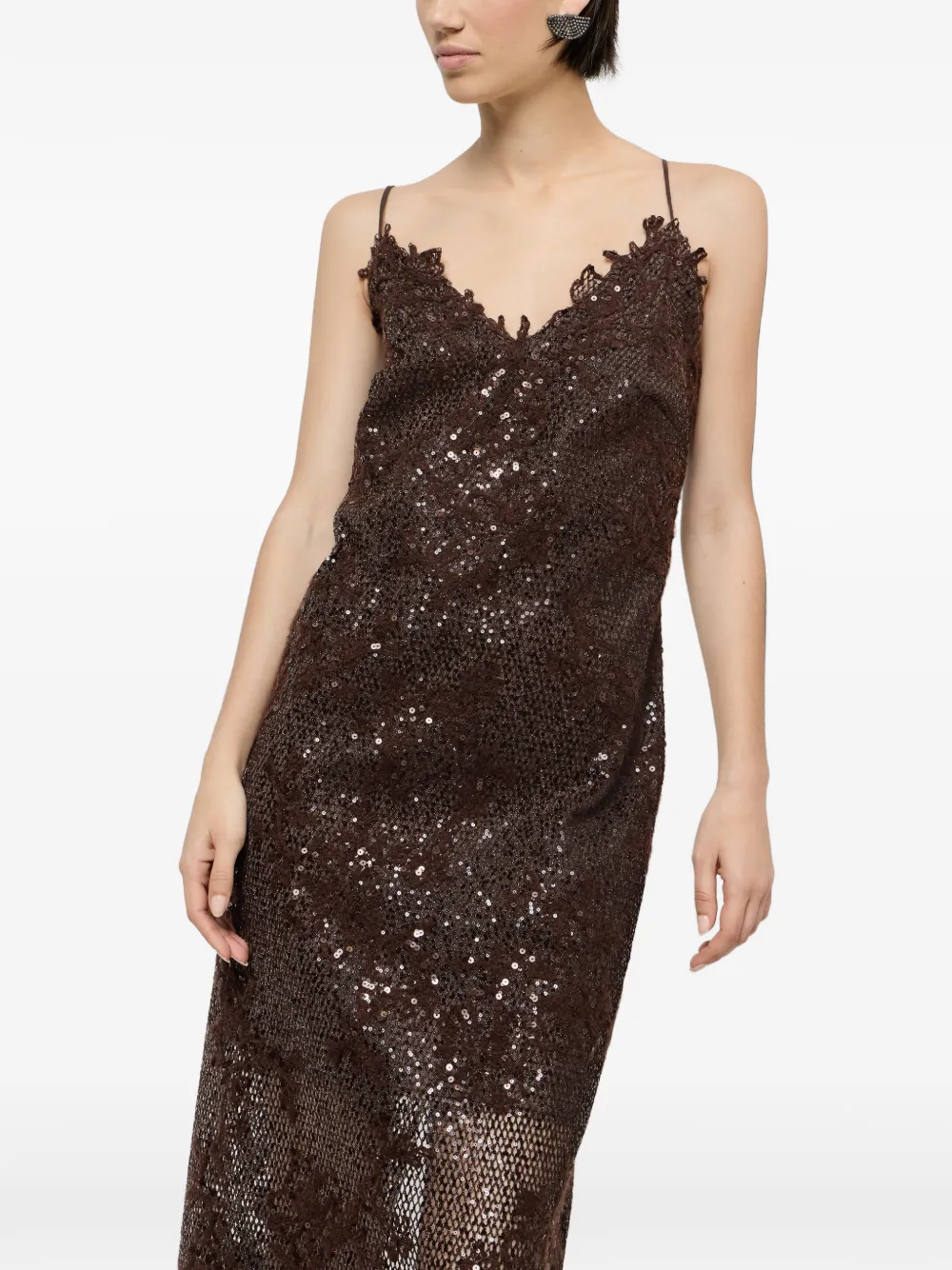 Brunello Cucinelli Dazzling jurk van mohair-wol en geborduurd kant Bruin