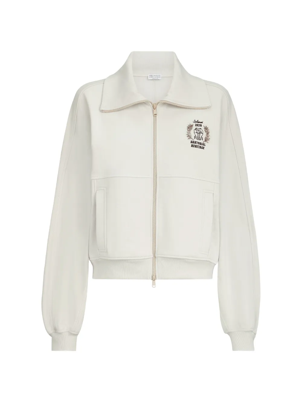 Brunello Cucinelli cotton smooth French terry sweatshirt with zip and embroidered logo - Bianco