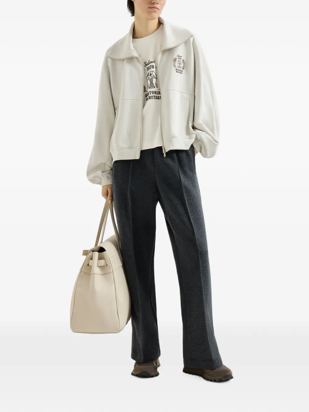 Brunello Cucinelli Katoenen badstof sweater met rits en geborduurd logo Wit