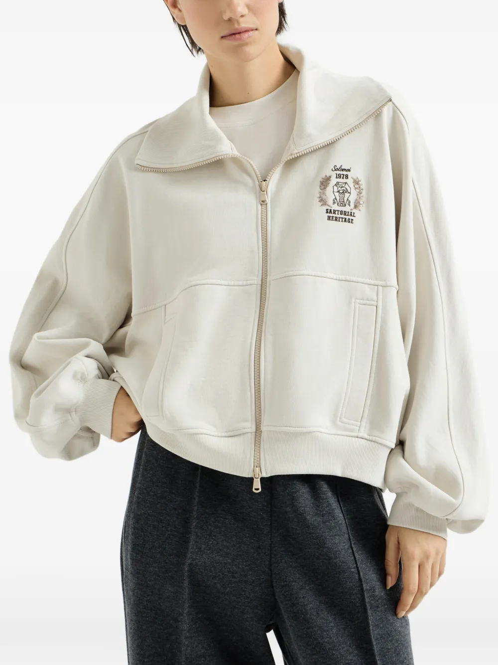 Brunello Cucinelli Katoenen badstof sweater met rits en geborduurd logo Wit