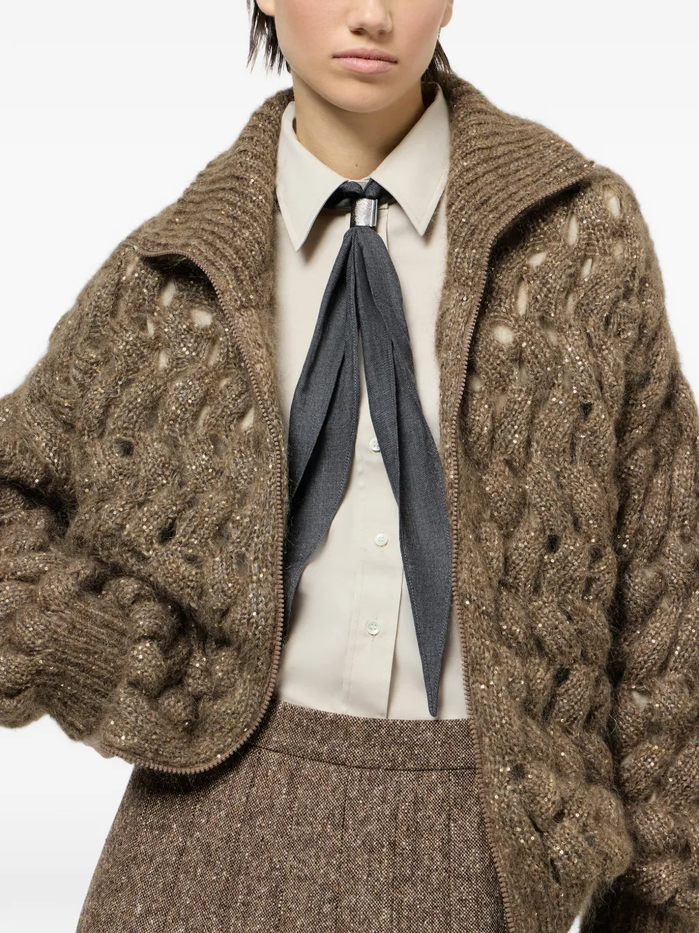 Brunello Cucinelli Mohair en wollen vest met zigzagkabels Bruin