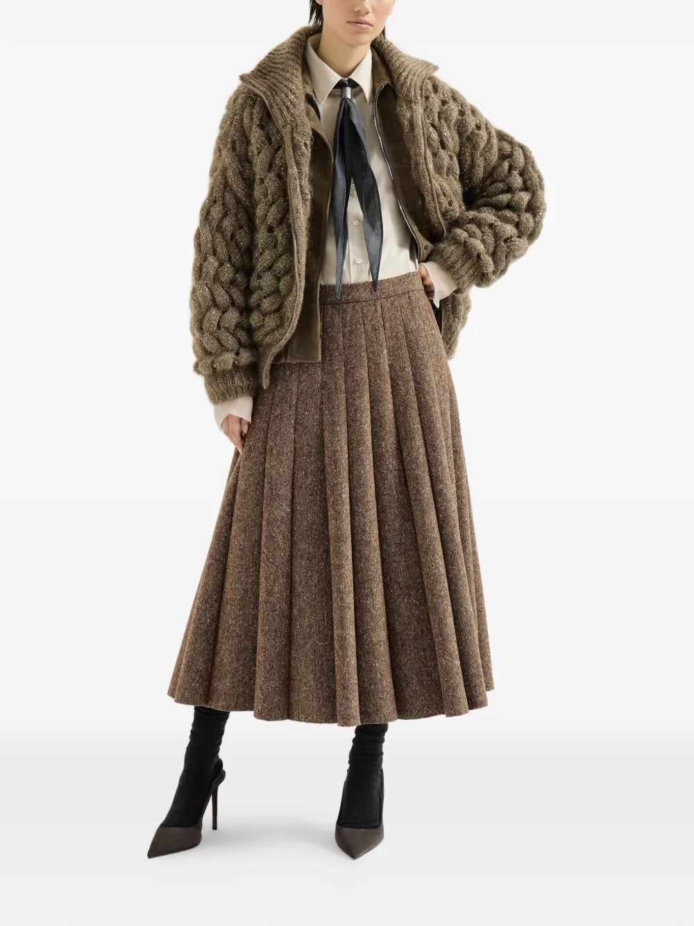 Brunello Cucinelli Mohair en wollen vest met zigzagkabels Bruin